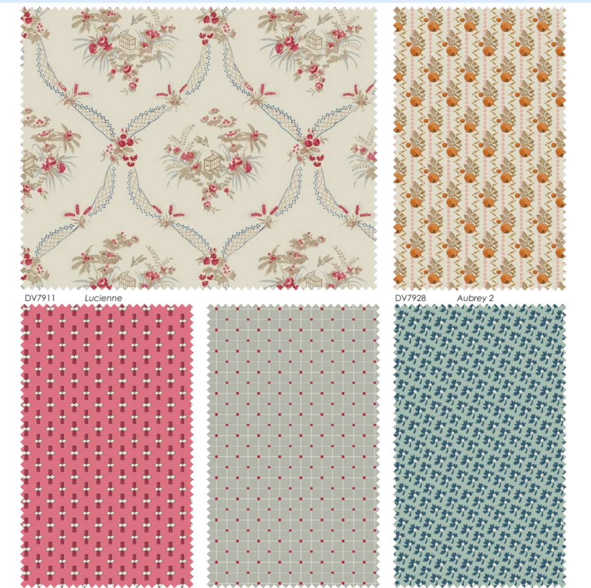 Variety of patterned fabric swatches: floral, polka dot, geometric in shades of pink, gray, green, and orange.
