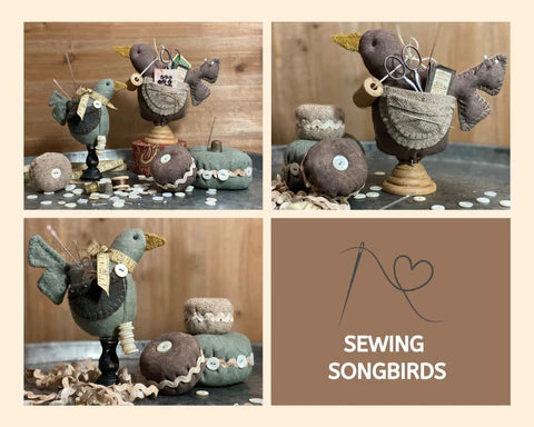 Quirky fabric bird sewing organizers in gray and brown, perfect for holding sewing supplies and threads.