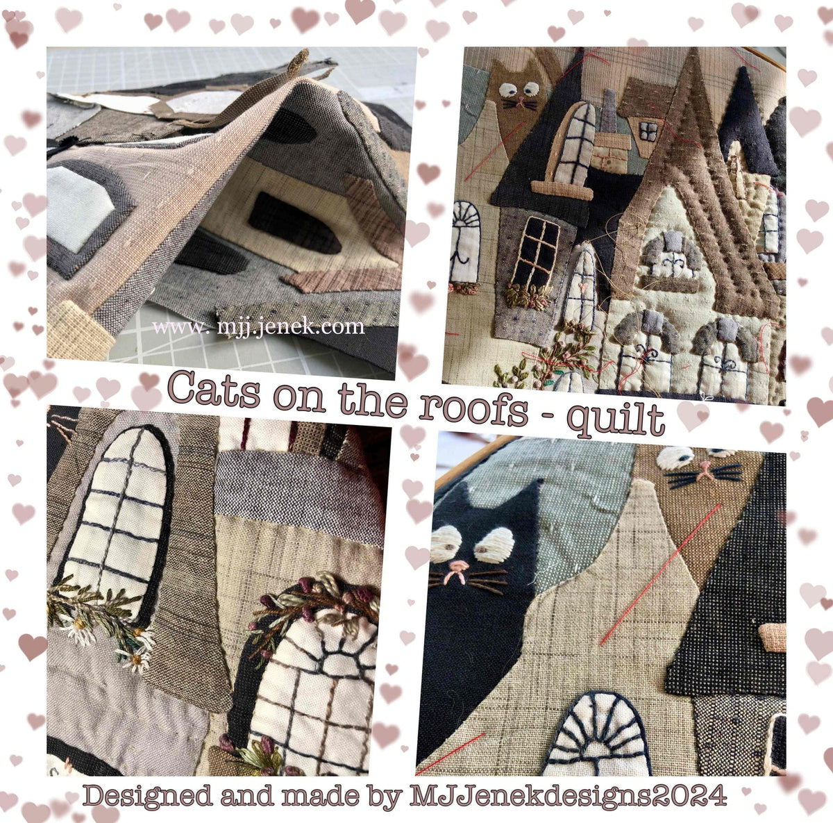 Handmade quilt featuring whimsical cats on rooftops, crafted from soft fabrics in muted colors.