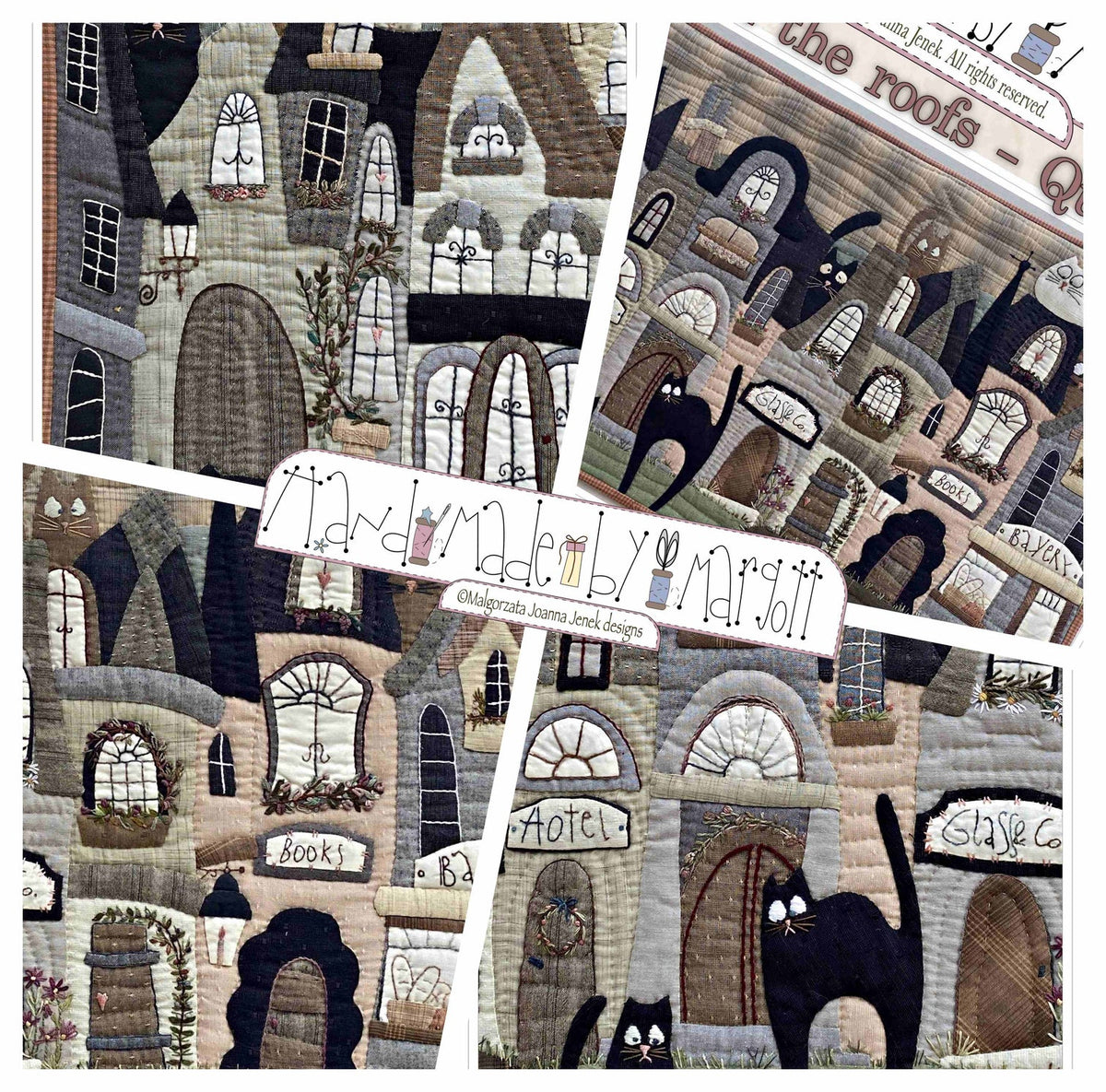 Handmade quilt featuring whimsical buildings, black cats, and muted colors, perfect for home decor.