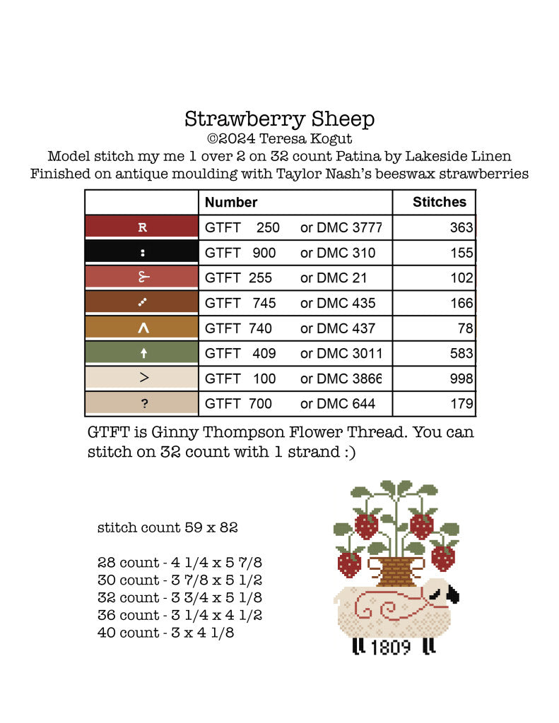 Cross-stitch pattern of a sheep with strawberries, 32 count, designed by Teresa Kogut.