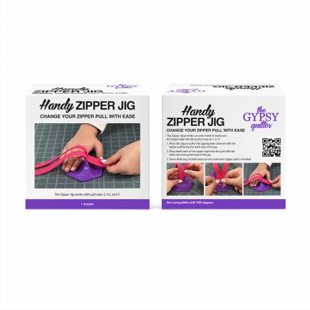 Handy Zipper Jig in purple, easy tool for changing zipper pulls, compatible with various zipper sizes.