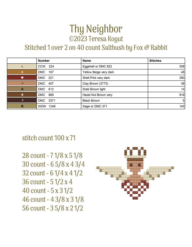 Thy Neighbor cross-stitch pattern by Teresa Kogut, 40 count Saltbush, featuring an angel design.
