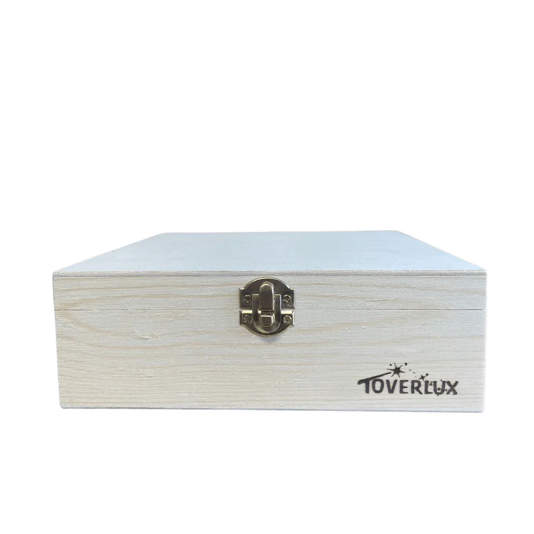 White wooden storage box with a brass latch, featuring the Toverlux logo.
