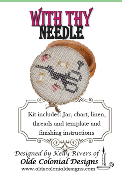 Stitching kit featuring a decorative needle jar, chart, linen, threads, and finishing instructions.