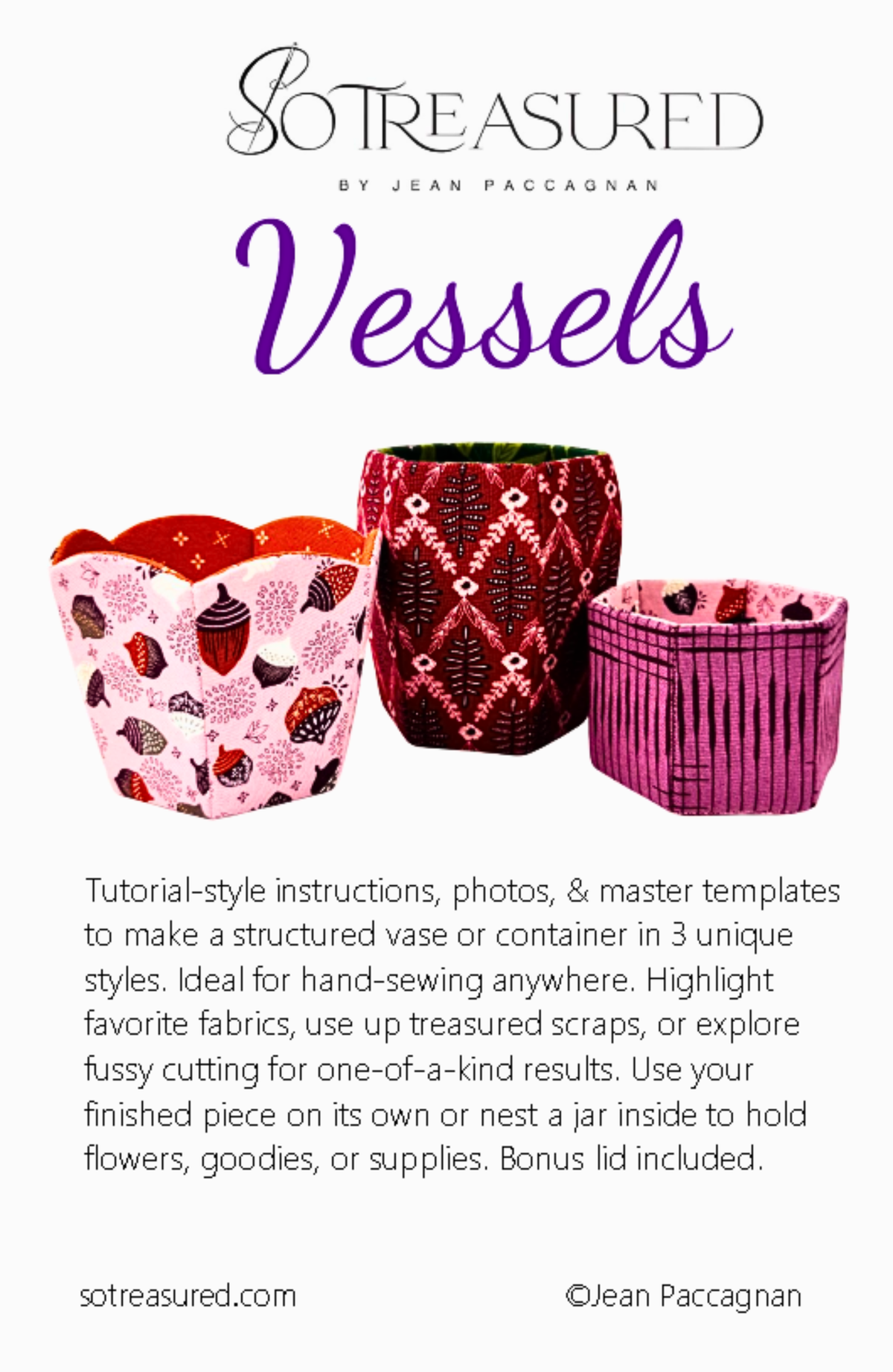 Set of three handmade fabric vessels in vibrant patterns, perfect for sewing projects. Includes bonus lid.