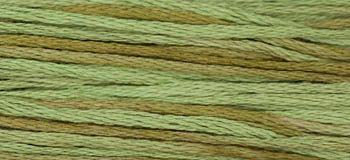 Variegated green embroidery thread with earthy tones, perfect for crafts and sewing projects.