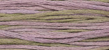 Soft pastel cotton embroidery thread in shades of mauve and green, perfect for crafting and needlework.