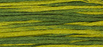Variegated embroidery thread in shades of green and yellow, ideal for crafts and stitching projects.