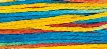 Colorful embroidery thread in shades of blue, yellow, red, and green, perfect for creative projects.