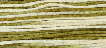 Variegated embroidery thread in olive green and cream shades, ideal for crafting and sewing projects.