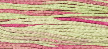 Multi-color embroidery floss in green, pastel pink, and peach, perfect for crafting and stitching projects.
