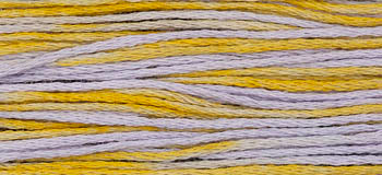 Soft cotton embroidery thread in pastel shades of purple, yellow, and cream, ideal for crafting and stitching.