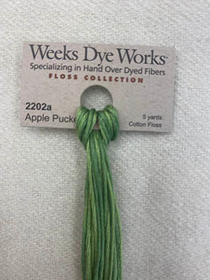 Weeks Dye Works cotton floss in Apple Pucker, vibrant green shade, 5 yards length, hand-dyed fibers.