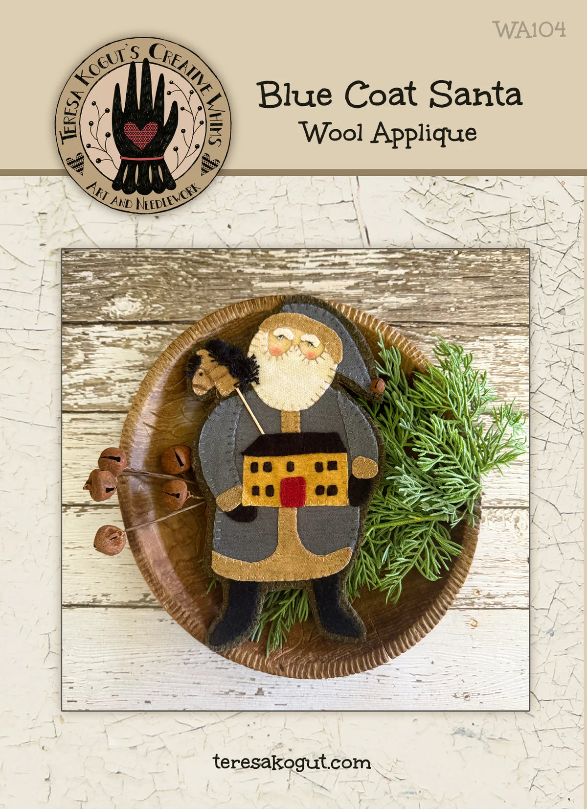 Wool Applique Blue Coat Santa pattern, by Teresa Kogut
