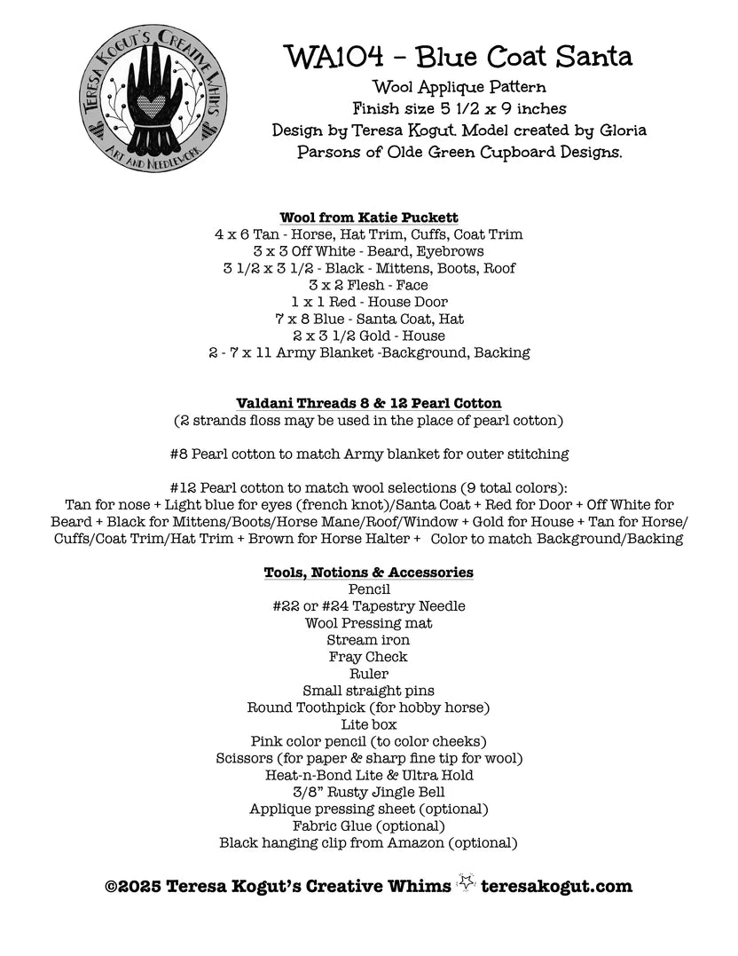 Wool Applique Blue Coat Santa pattern, by Teresa Kogut