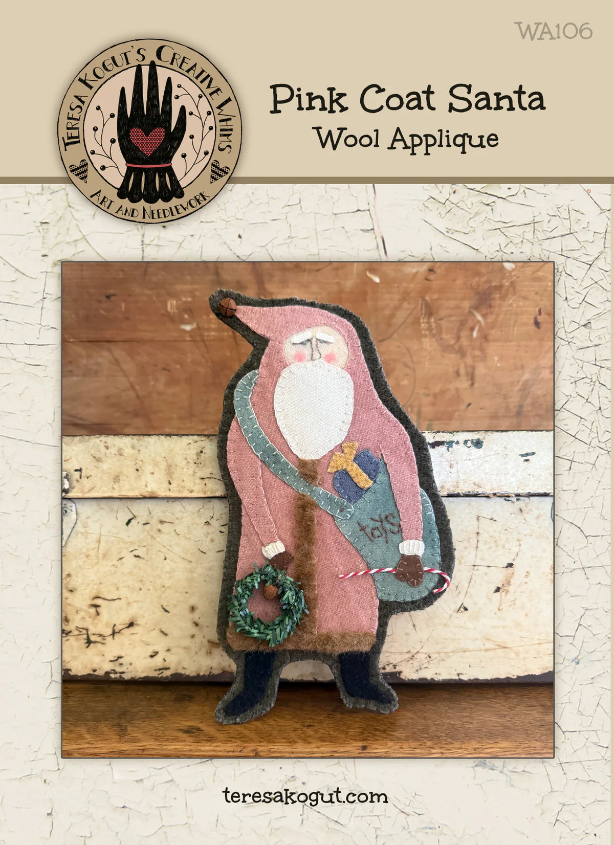 Wool Applique Pink Coat Santa pattern, by Teresa Kogut