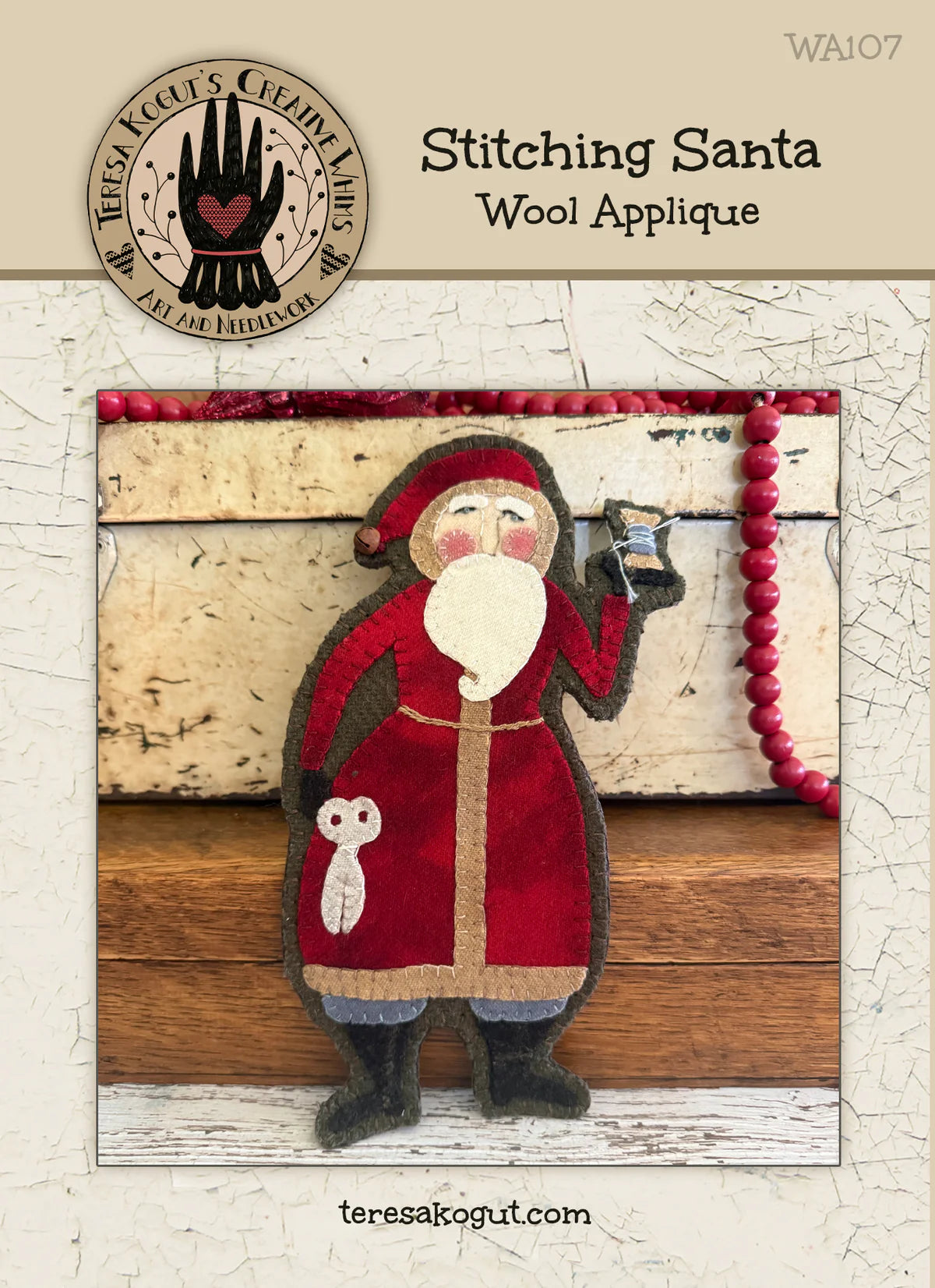 Stitching Santa wool applique in red with owl, a charming holiday decoration for festive decor.