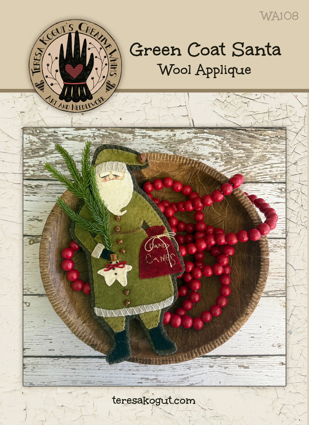 Wool Applique Green Coat Santa pattern, by Teresa Kogut