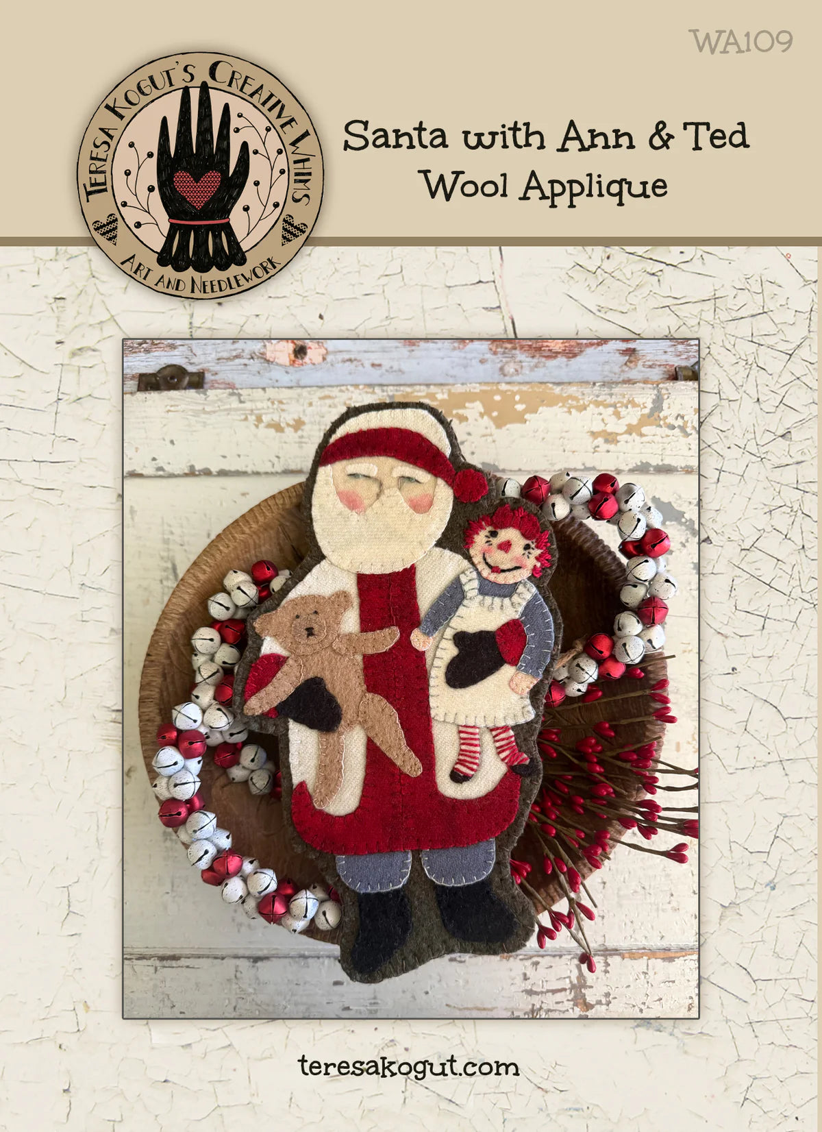 Wool Applique Santa With Ann & Ted pattern, by Teresa Kogut