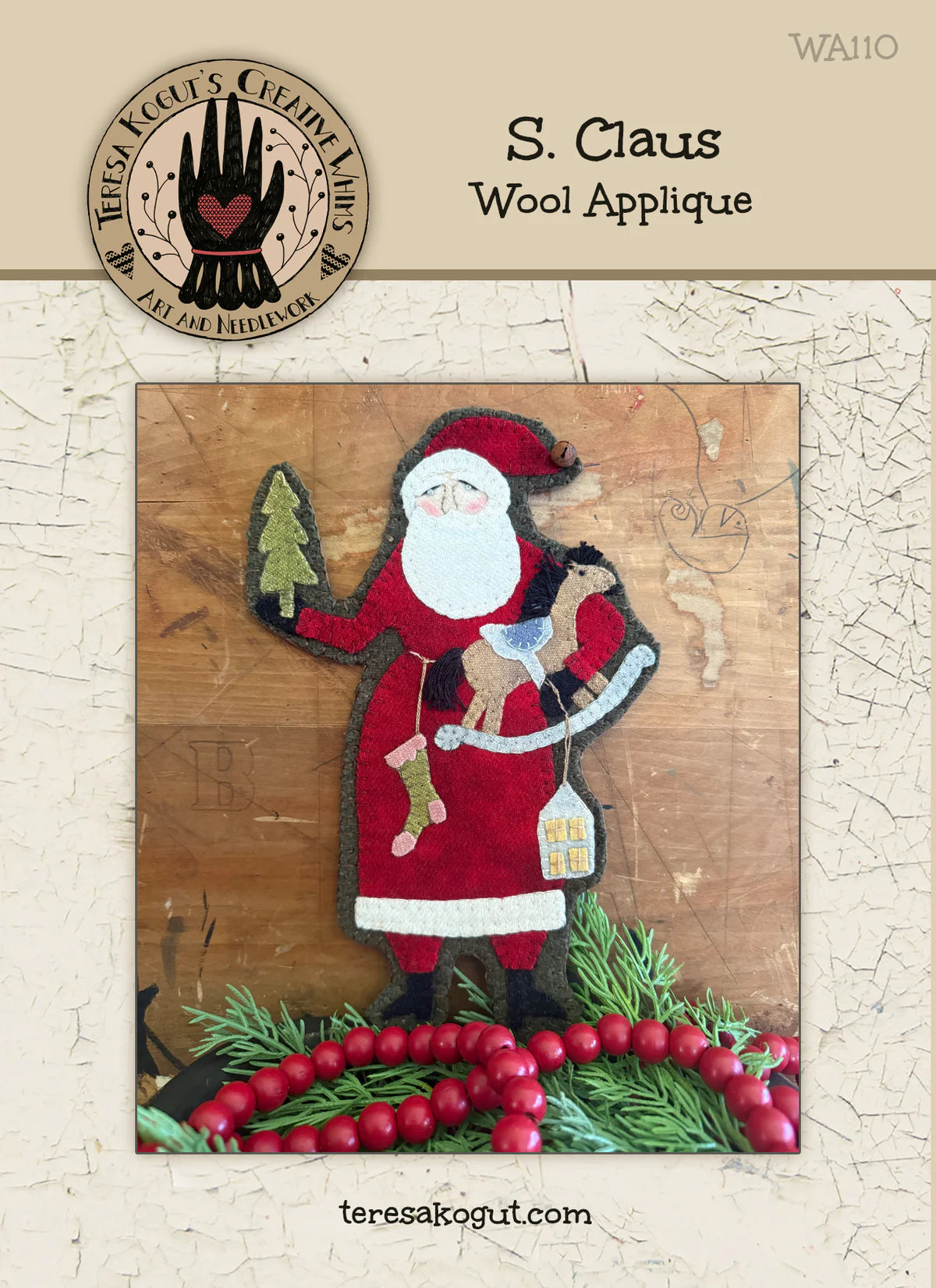 Wool Applique S. Claus pattern, by Teresa Kogut