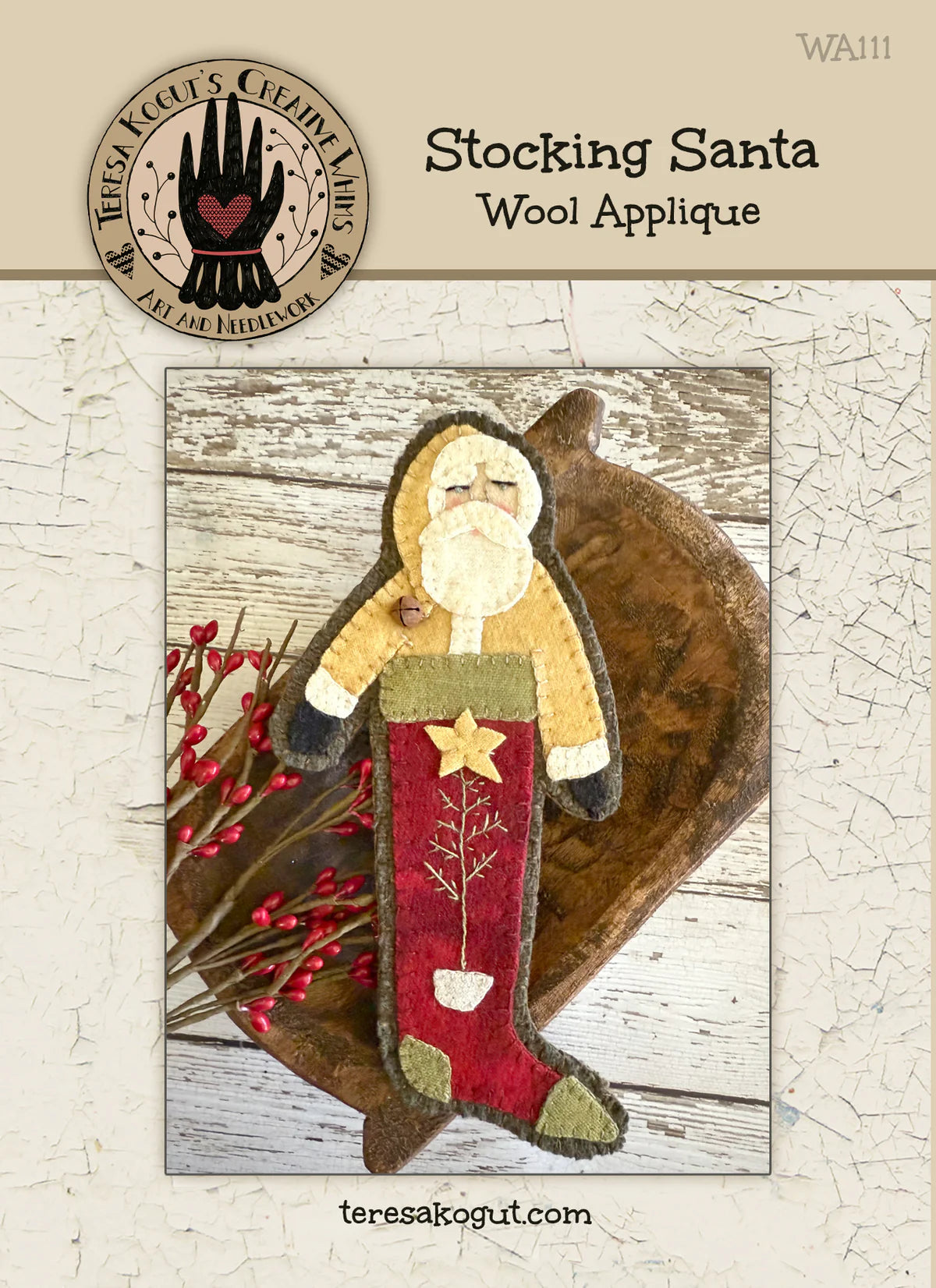 Wool Applique Stocking Santa pattern, by Teresa Kogut
