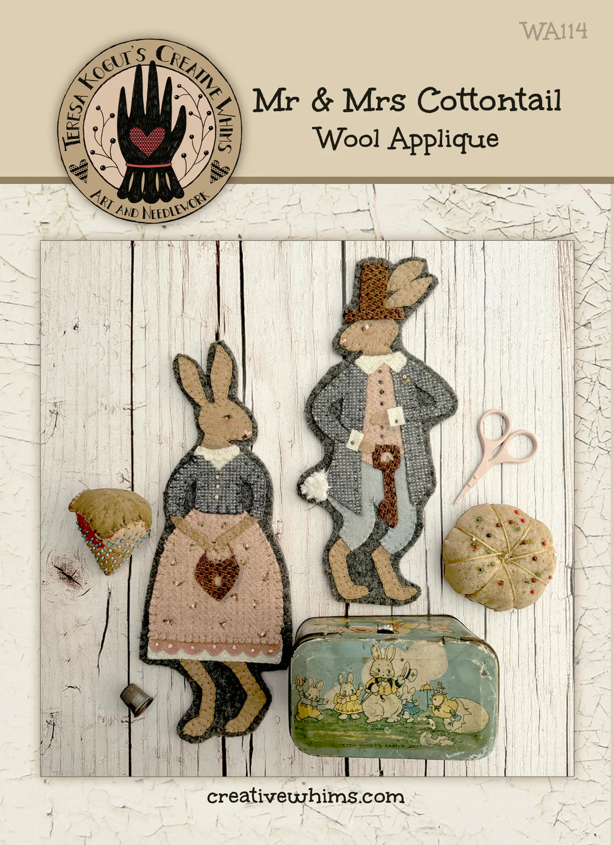 Wool Applique Mr. & Mrs. Cottontail pattern, by Teresa Kogut