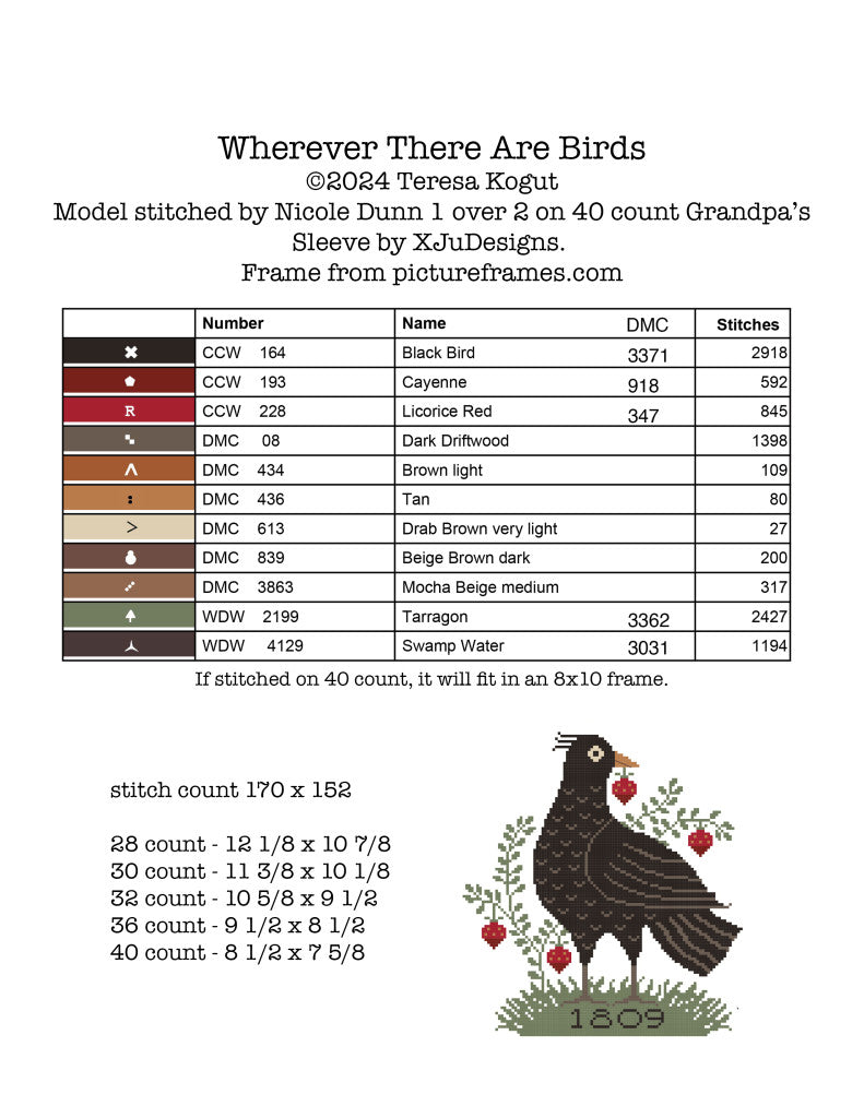 Bird cross-stitch pattern, featuring a black bird with berries, designed by Teresa Kogut, suitable for 40 count fabric.