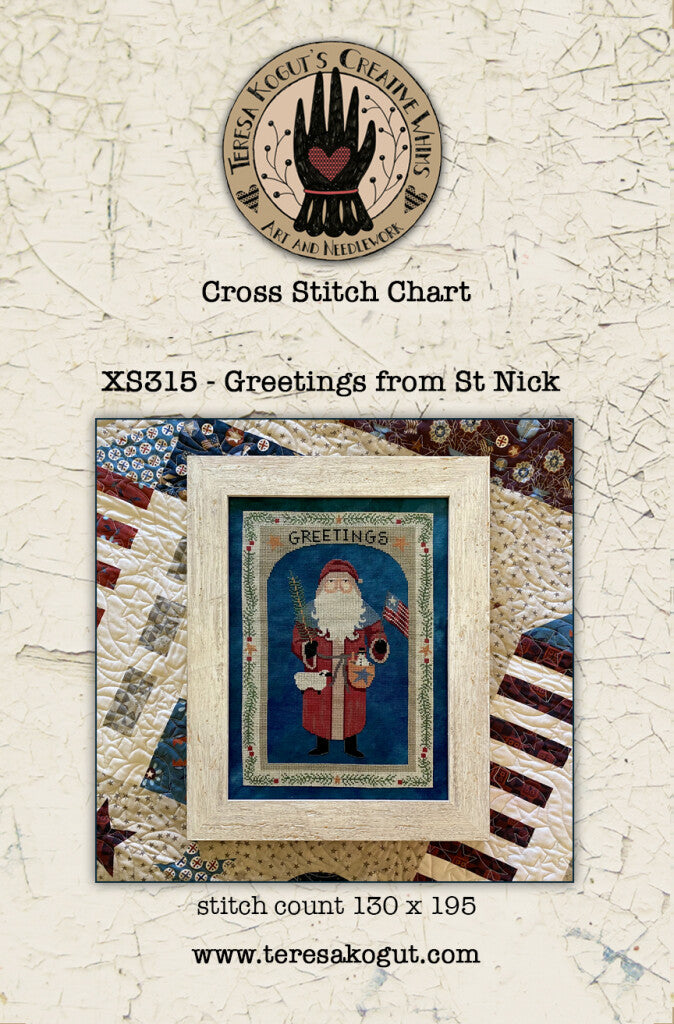 Cross stitch chart XS315, 'Greetings from St Nick', featuring Santa in red robe, stitch count 130 x 195.
