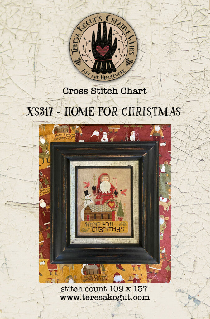 Home for Christmas cross stitch chart by Teresa Kogut, featuring Santa and snowmen, stitched on 109x137 fabric.