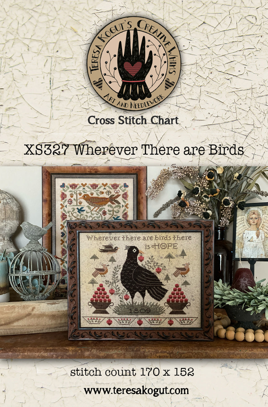 Cross stitch chart XS327: 'Wherever There are Birds', features birds, floral motifs, and dark wood frame.