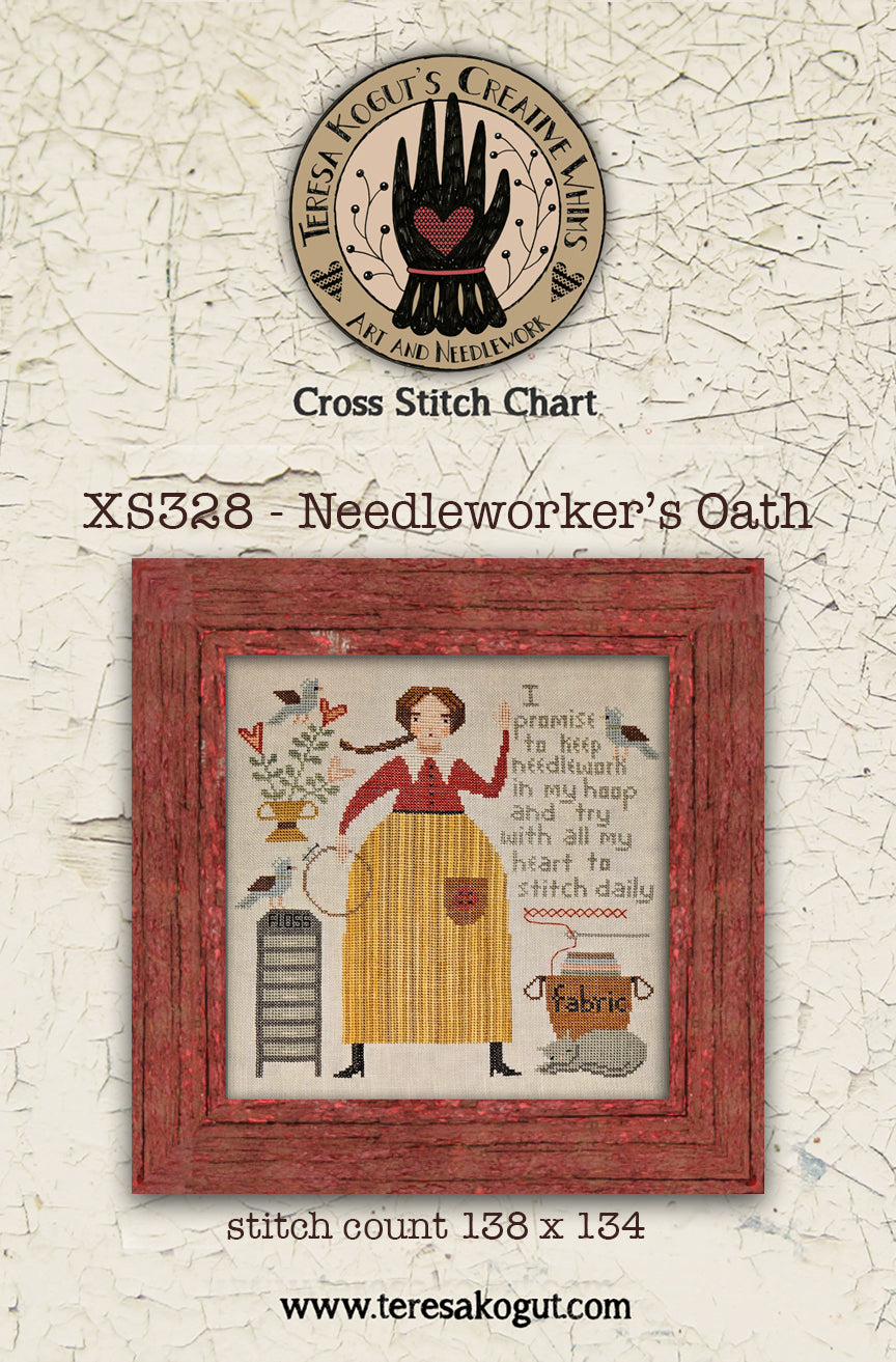 Needleworker's Oath cross stitch chart, featuring a woman in red and yellow, stitch count 138x134.