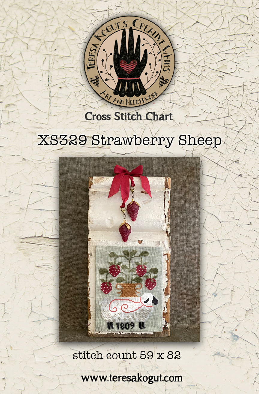 Cross stitch chart XS329 featuring a sheep design with strawberries, 59x82 stitch count, decorative elements.