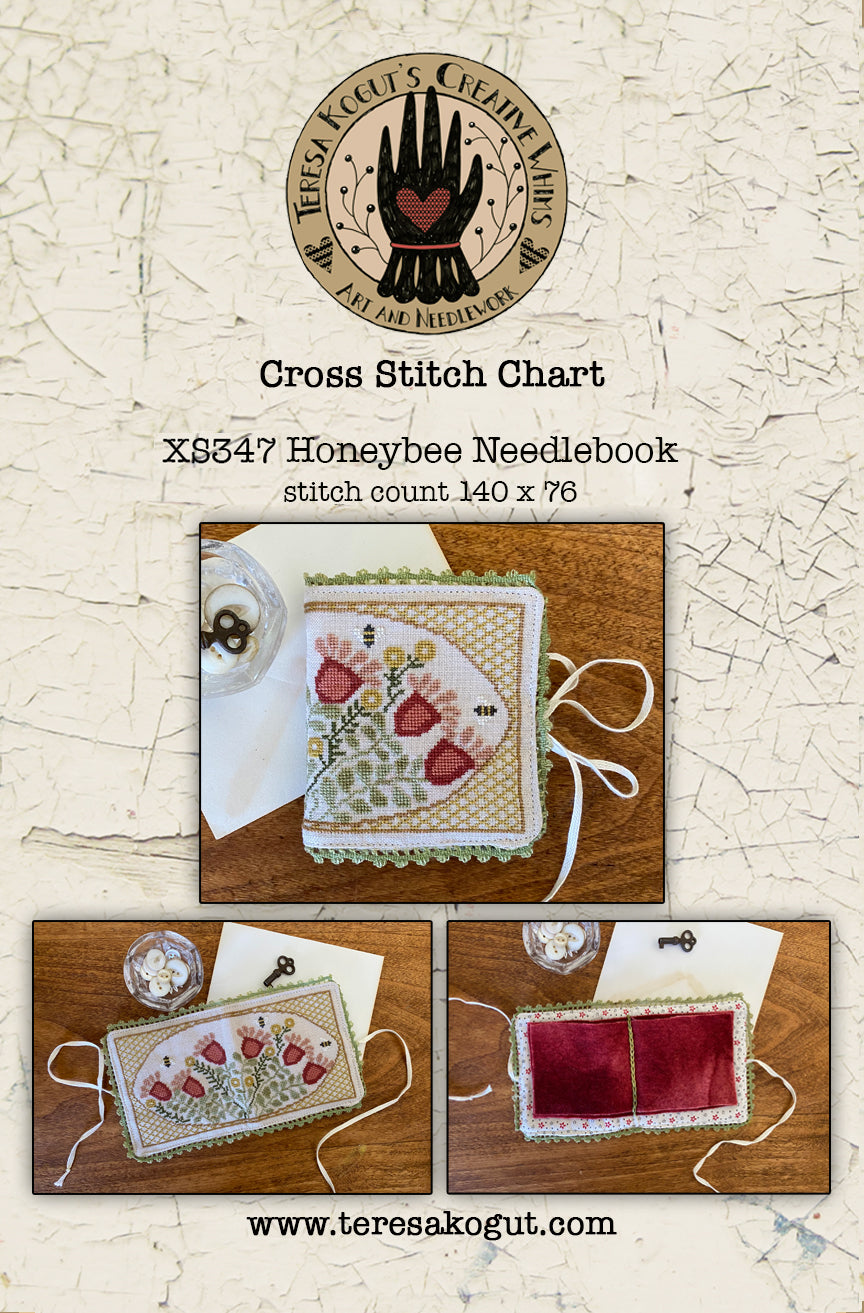 Honeybee needlebook cross stitch chart, features floral design, dimensions 140x76, vibrant colors.
