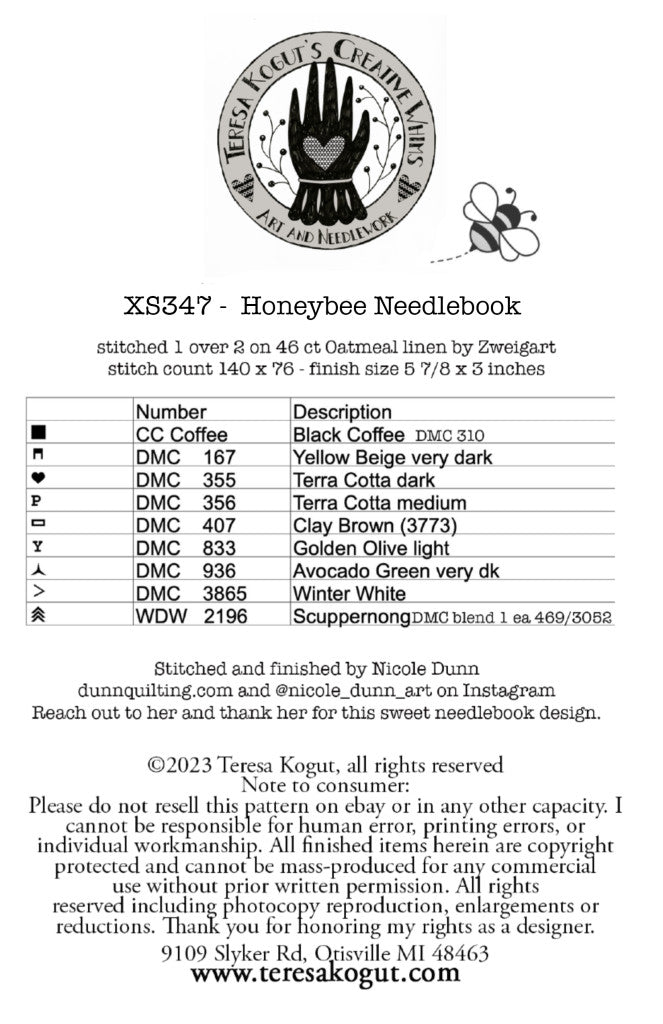 Honeybee Needlebook by Teresa Kogut, 5.75x3 inches, 46 ct Oatmeal linen, detailed stitch count 140x76.