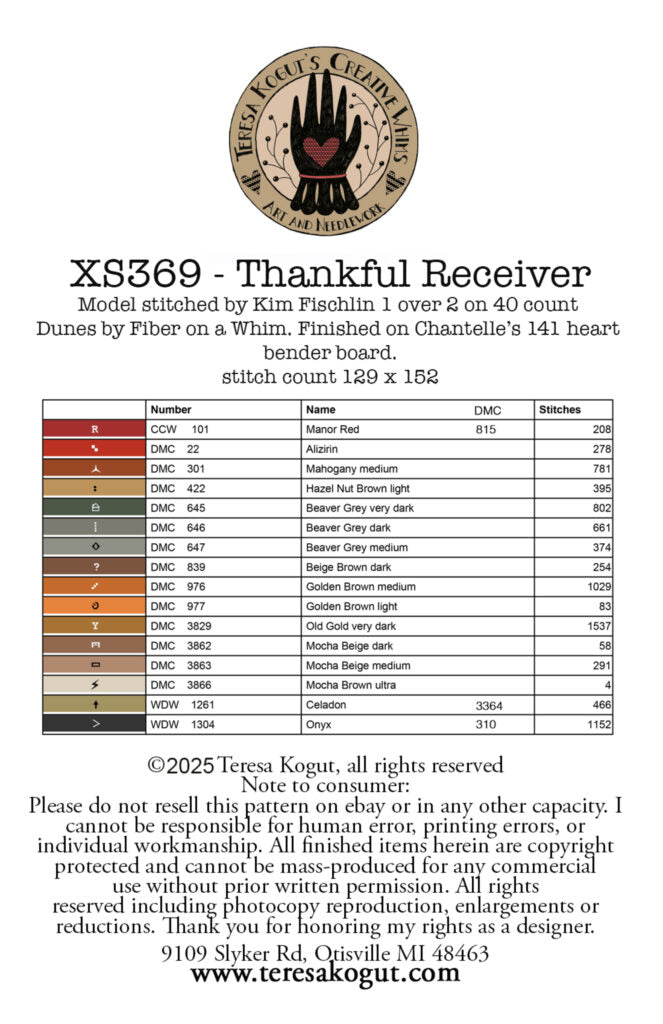 XS369 Thankful Receiver cross-stitch pattern by Teresa Kogut on 40 count fabric, 129x152 stitch count.