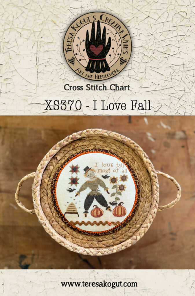 Cross stitch chart XS370 'I Love Fall' featuring a scarecrow, pumpkins, and autumn flowers.