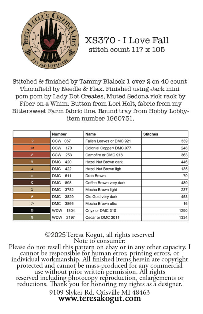 XS370 'I Love Fall' cross stitch pattern, 117x105, features autumn leaves and rickrack embellishment.