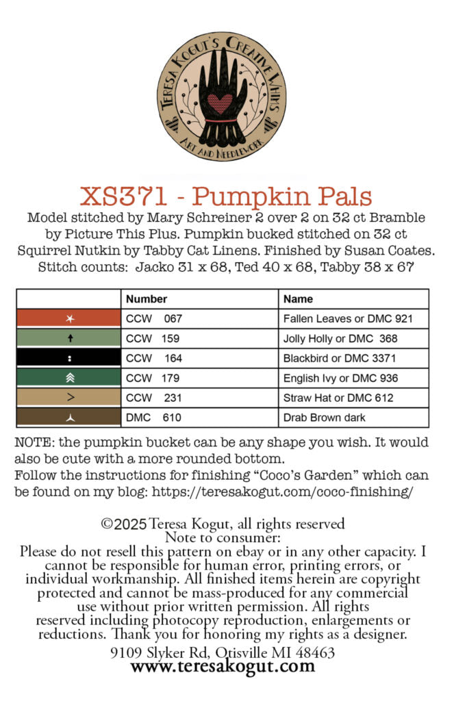 Pumpkin Pals cross-stitch kit on 32 ct Bramble fabric, designed by Mary Schreiner, includes detailed stitch counts.