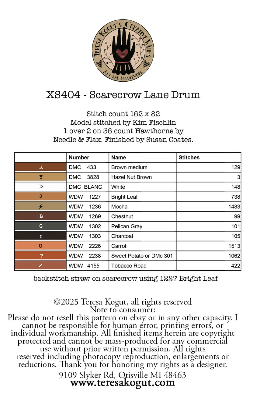 Scarecrow Lane Drum, Cross Stitch pattern, by Teresa Kogut