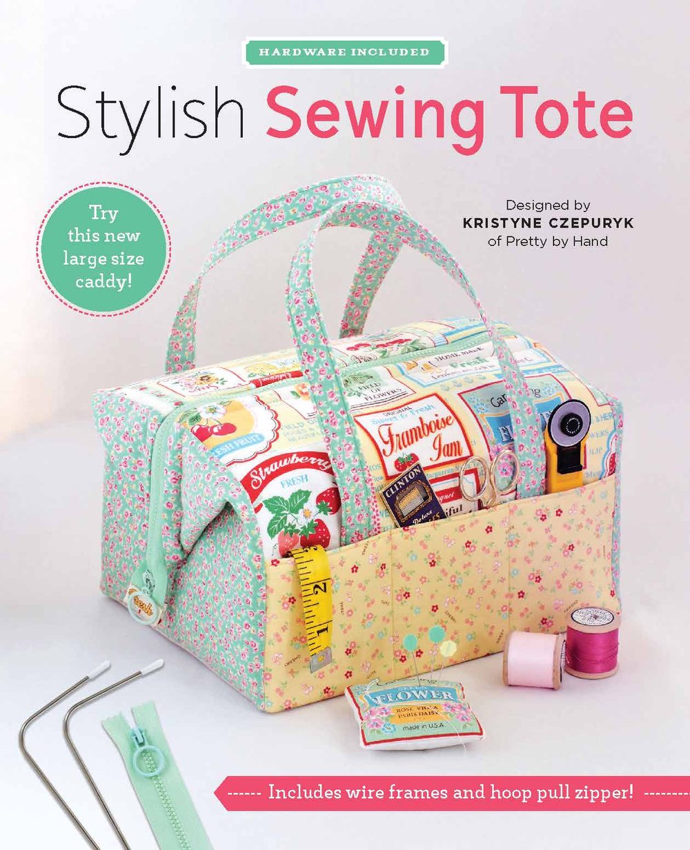 Colorful sewing tote bag with floral design, includes hardware, large size, perfect for organizing craft supplies.