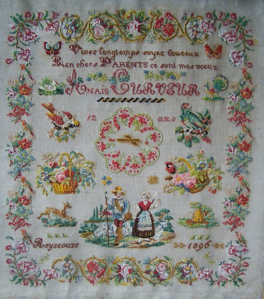 Colorful vintage embroidery art with floral motifs, birds, and pastoral scene, dated 1896.
