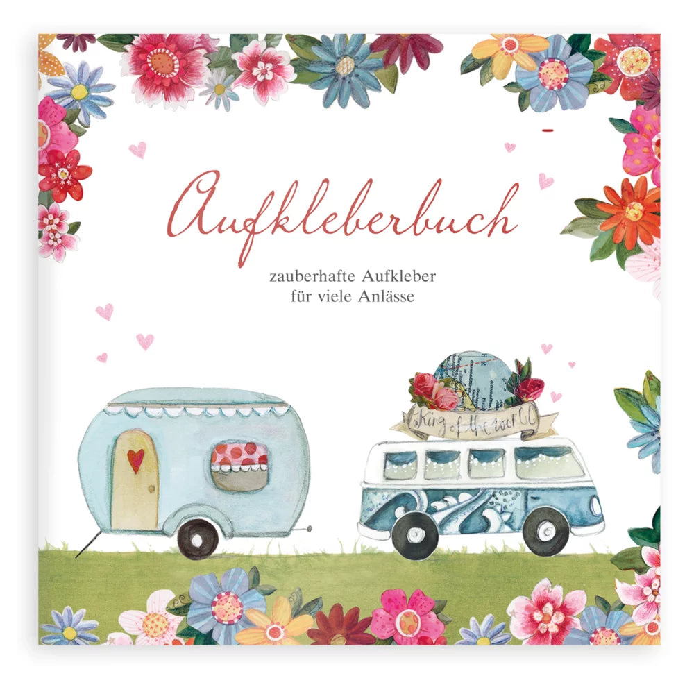 Colorful sticker book cover featuring vintage caravans and floral designs, perfect for crafts and decorating.