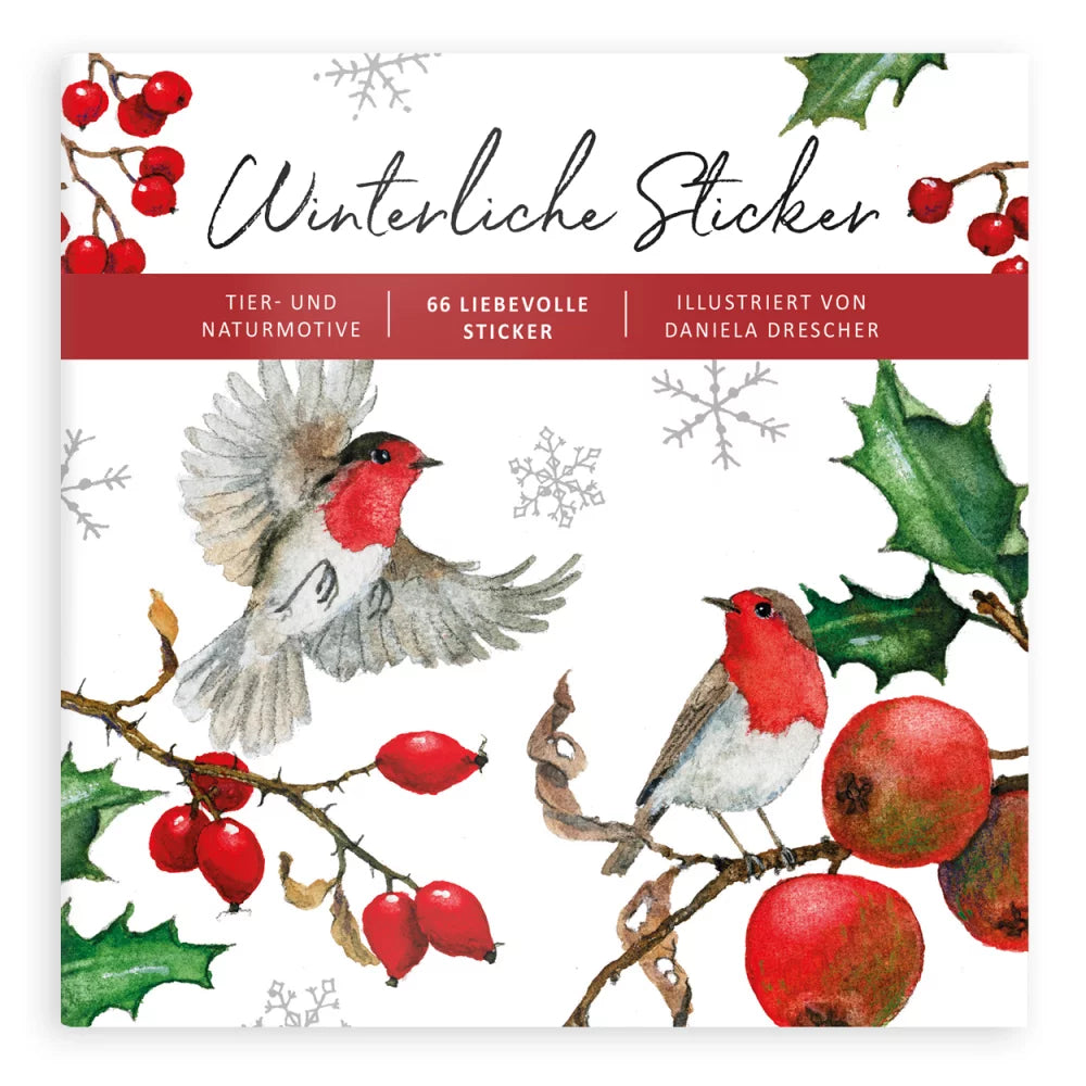Winter-themed stickers featuring red birds, holly, and berries, illustrated by Daniela Drescher.