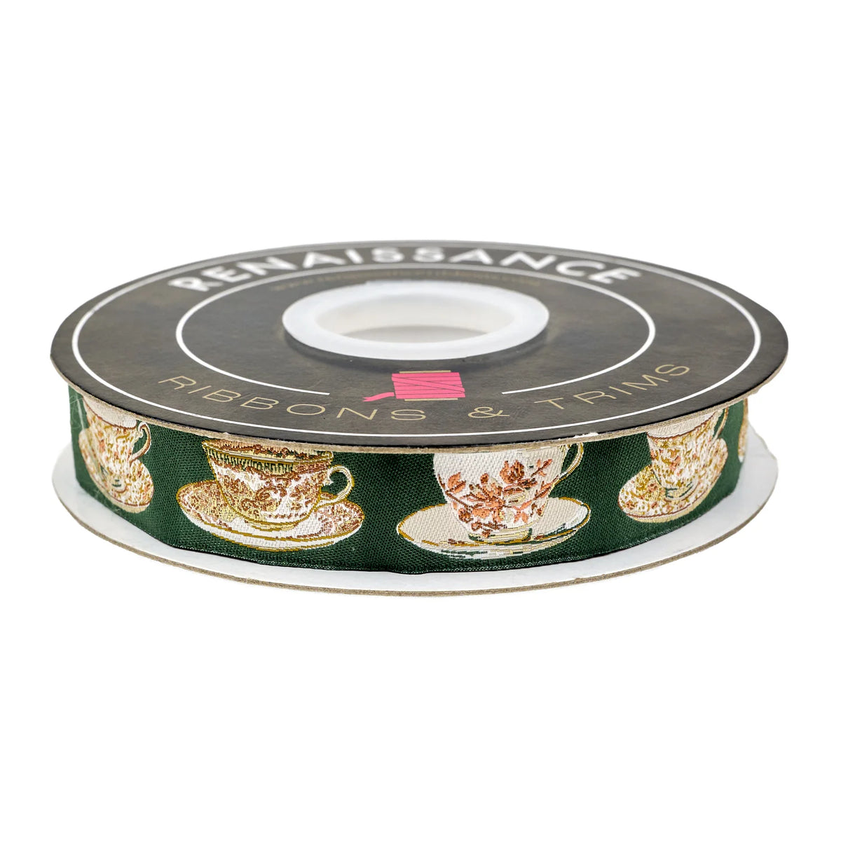 Decorative green ribbon featuring vintage teacup design, perfect for crafts and packaging.