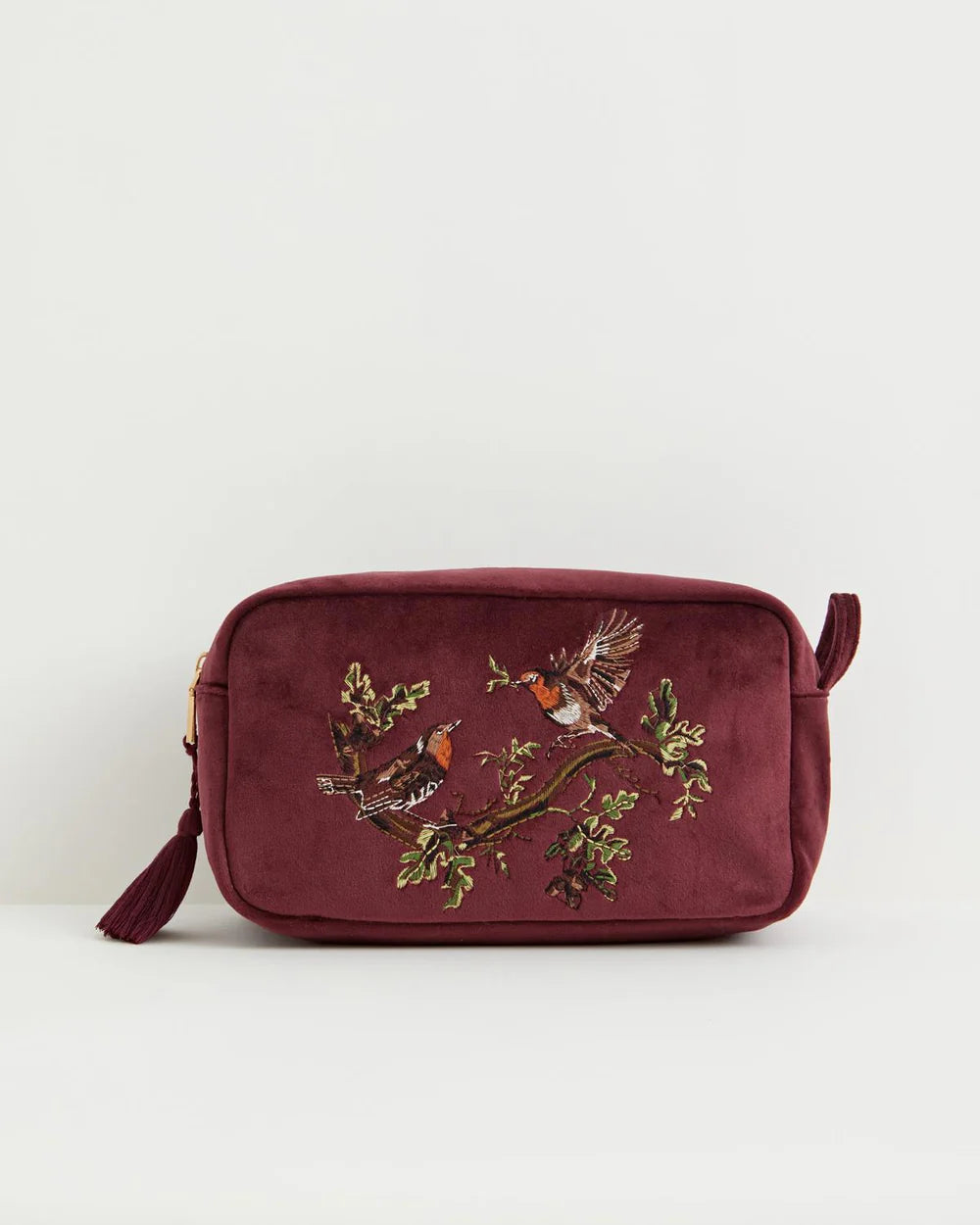 Fable England Robin Love Embroidered Pouch Redcurrent Velvet