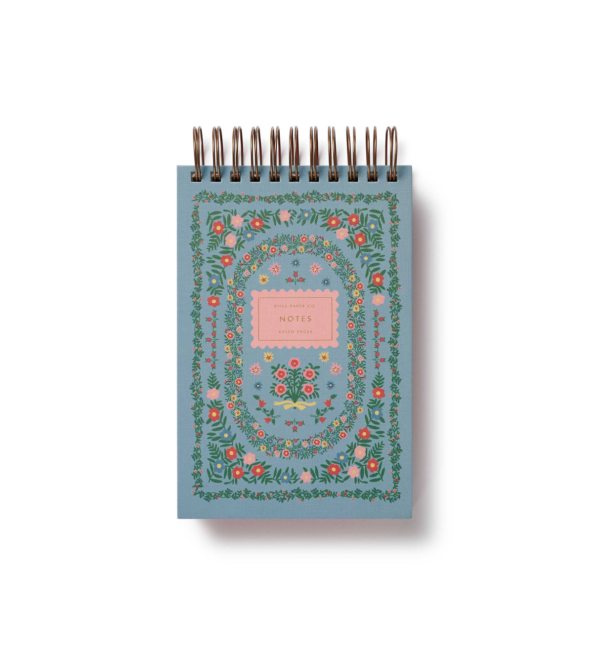 Spiral-bound note pad with floral design, blue cover, and lined pages for notes and journaling.