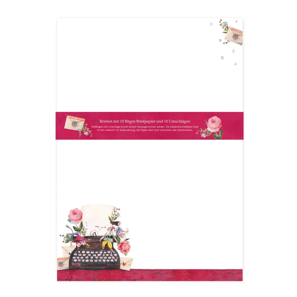 Vintage-style letter set with 10 sheets of paper and 10 envelopes, featuring floral and typewriter design.