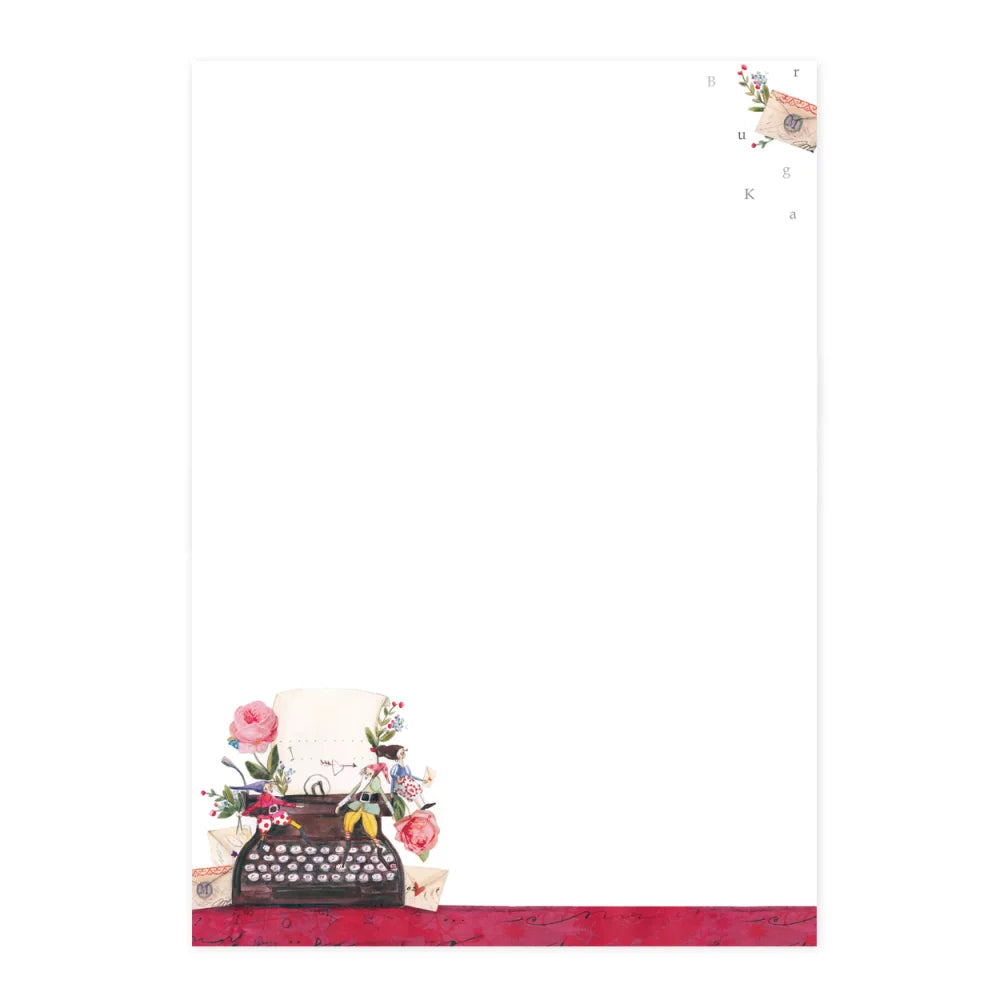 Vintage typewriter themed stationery, featuring floral accents, colorful design on a white background.