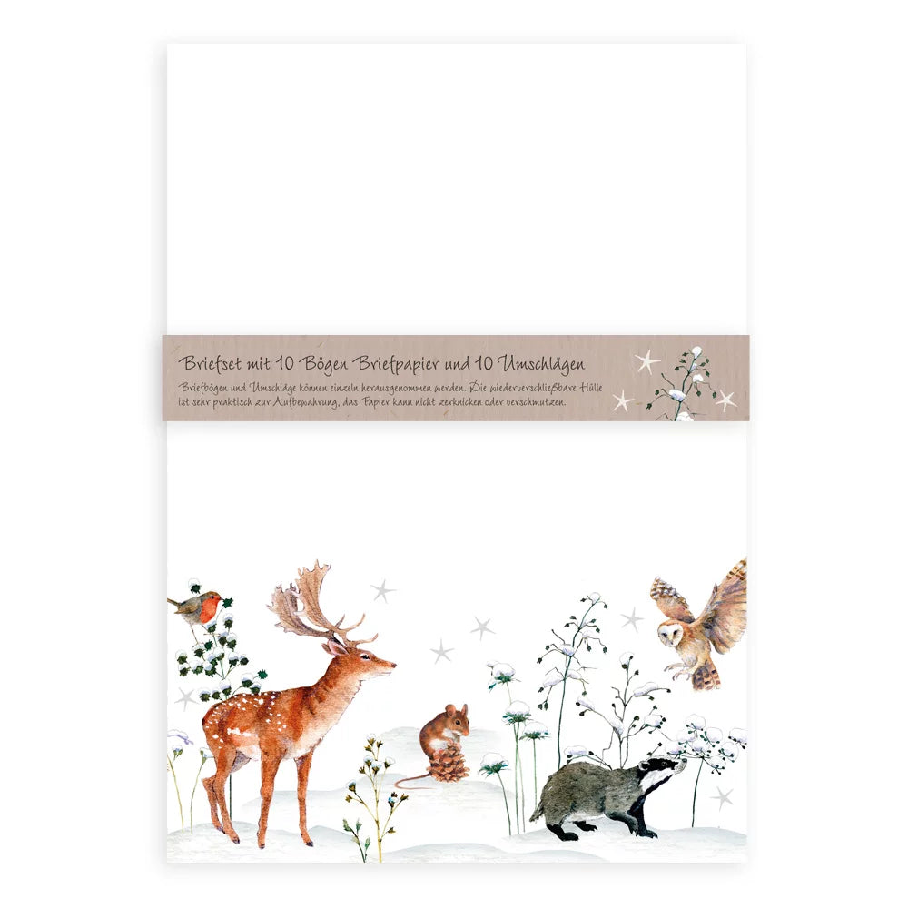 Winter-themed stationery set with 10 sheets and envelopes featuring watercolor animals and nature.